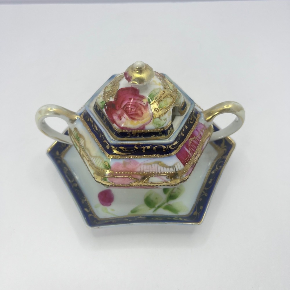 Nippon Hand Painted Mustard Jam Jar with Underplate Antique Floral Hexagon Gold
